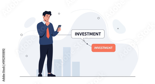Businessman analyzing investment on smartphone with growth chart background