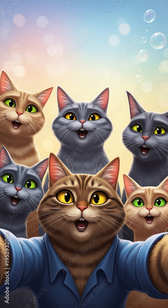 Obraz premium Group of smiling cartoon cats taking a selfie, with various fur and eye colors and a gradient bokeh background, symbolizing friendship, joy, and social connection