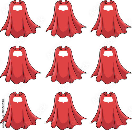 Wallpaper Mural Superhero capes, set of 8 red cartoon capes, varied angles, flowing folds, dramatic draping, white head shapes, light gray background Torontodigital.ca