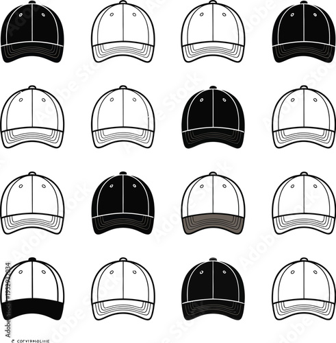 Wallpaper Mural Baseball cap illustrations, 16 minimalist icons, structured crown, curved brim, stitched details, black and white silhouettes, uniform grid, clean white background Torontodigital.ca