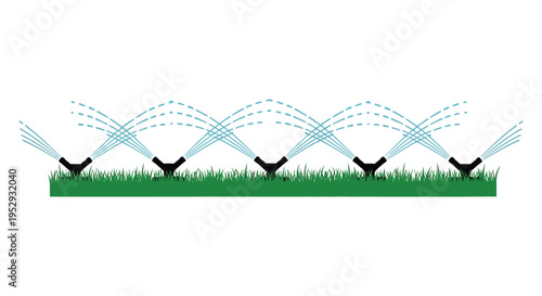Silhouette of oscillating lawn sprinklers on green grass against a white background