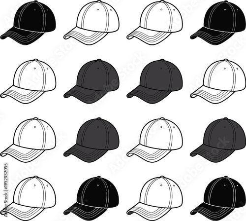 Wallpaper Mural Baseball cap illustrations, set of 16 icons, 4x4 grid, classic cap with 8 panels, curved brim, top button, alternating black and white style Torontodigital.ca