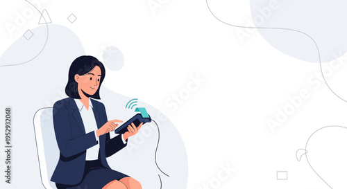 Businesswoman using a tablet with payment terminal, contactless payment concept