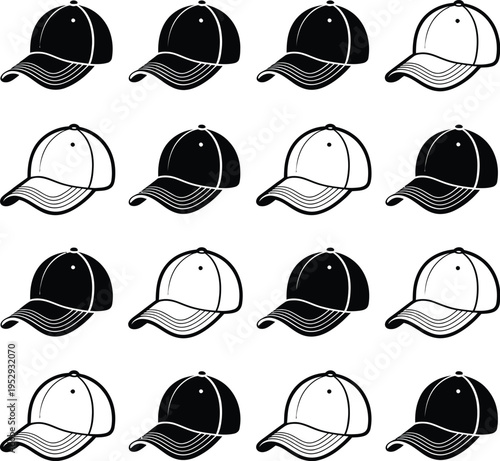 Wallpaper Mural Baseball cap illustrations, 16 black and white caps in 4x4 grid, curved brim, structured crown, stitching details, minimalist clean design, white background Torontodigital.ca
