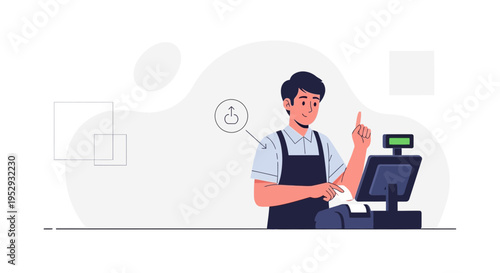 Cashier Man Working at Checkout Counter with POS System and Receipt