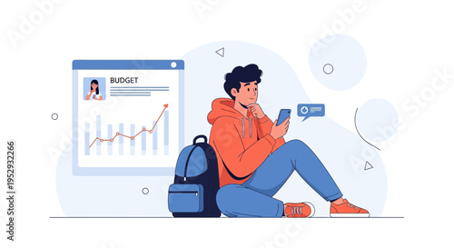 Young man with backpack checking smartphone near budget graph, online finance concept