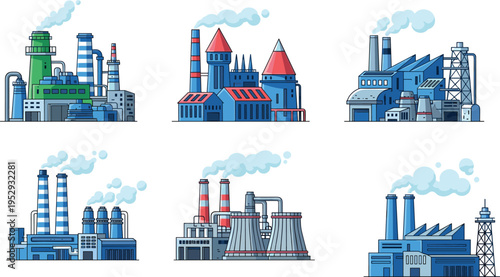 Industrial factories and power plants set, manufacturing facilities, energy production buildings, smokestacks, modern industry infrastructure, heavy 