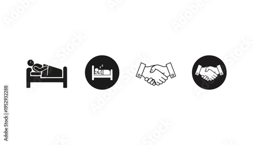 A set of handshake and bed icons in black and white