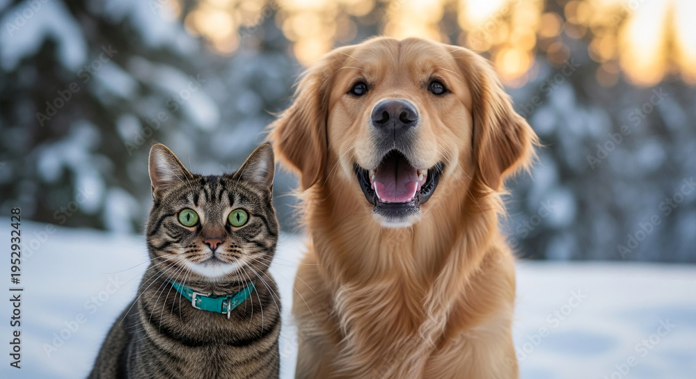 Fototapeta premium Golden retriever dog and tabby cat sit in snowy winter. Bokeh light, symbolizing friendship, companionship, and pet wellness in a serene outdoor setting
