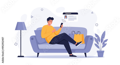 Man Relaxing on Sofa Using Smartphone, Online Shopping Concept