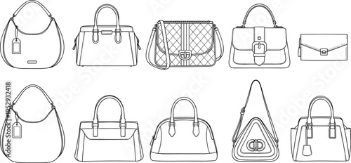 Handbag illustration set, fashion accessories, stylish purses, designer bags, trendy clutches, shoulder bags, satchels, hobo bags, quilted handbags, modern fashion icons