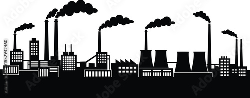 Industrial factory skyline with smokestacks and pollution clouds, urban manufacturing plants silhouette, environmental impact concept, black vector illustration for industry, energy, and city themes