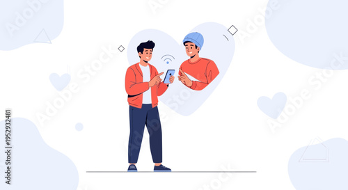 Two men connecting online, one holding a phone with wifi signal, digital communication
