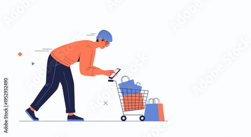 Man with shopping cart and phone, online shopping concept, e-commerce illustration