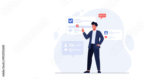 Man interacting with social media notifications and feedback on a digital interface