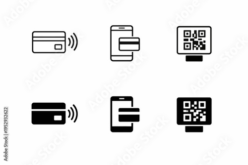 Contactless payment icons: credit card, mobile transaction, qr code technology