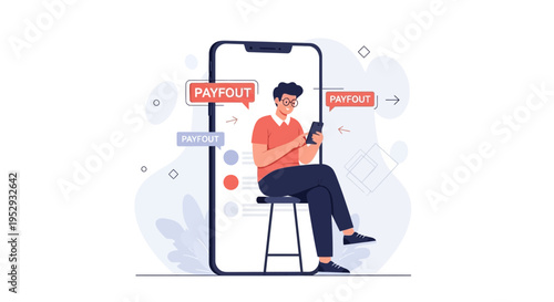 Man with smartphone receiving payout notification on a large mobile screen, online payment concept