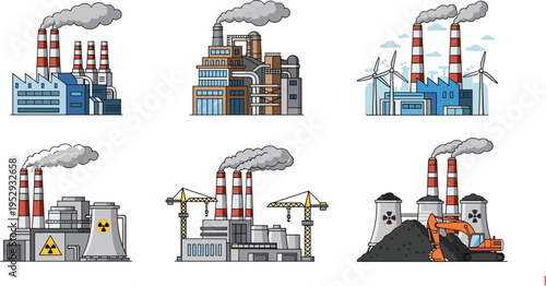 Industrial pollution and energy plants set, factory smokestacks, nuclear and coal power stations, environmental impact, heavy industry emissions, vector illustration collection