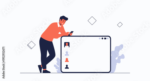 Man with smartphone leaning on digital interface with contact list, modern flat illustration