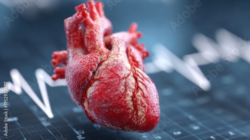 Heart model on an ECG background showing cardiac structure and electrical activity during a medical study
