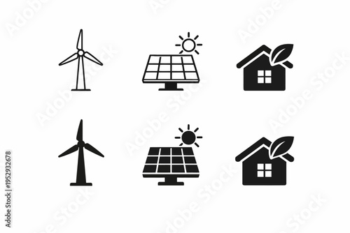 Renewable energy icons: wind turbine, solar panel, eco-friendly house illustrations