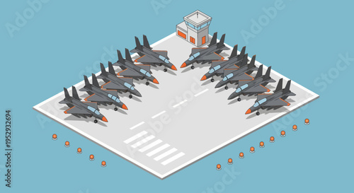 Airplanes on a runway lined up.