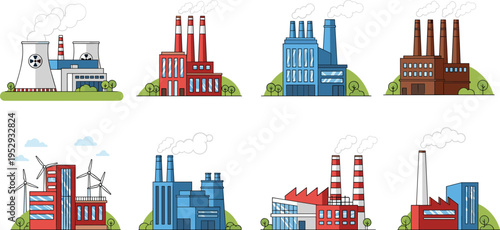 Industrial power plants set, factory buildings with chimneys, energy production facilities, nuclear and renewable stations, manufacturing industry 
