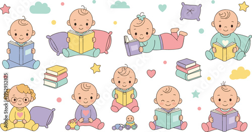 Cute Baby Reading Books Collection with Newborn Infants Sitting Lying and Learning with Story Books in Cartoon Vector Illustration Style.