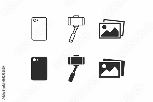 Minimalist icon set featuring smartphone, selfie stick, and photo gallery designs