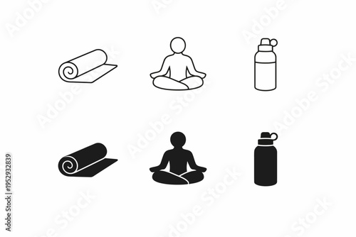 Minimalist icons of yoga mat, person meditating, and water bottle in black and white