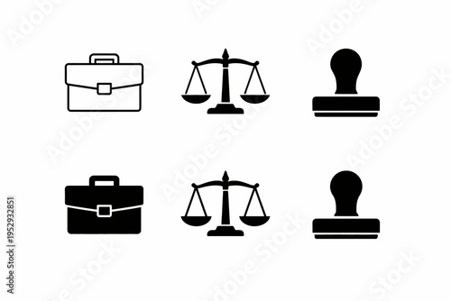 Black and white icons of briefcase, scales of justice, and rubber stamp