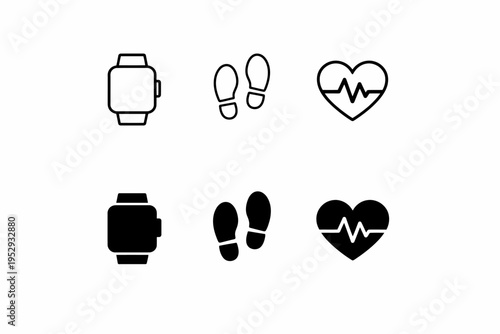 Minimalistic fitness icons: smartwatch, footprints, heartbeat monitor design