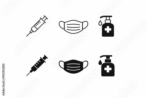 Health icons: syringe, mask, and sanitizer in black and white design