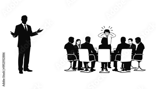 Businessman presenting to a stressed team in a meeting room silhouette