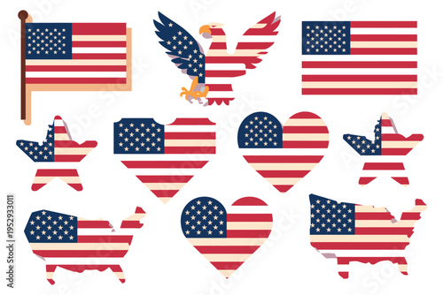 American patriotic symbols eagle flag stars hearts map of united states in usa flag colors for independence day vector