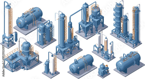 Isometric chemical processing equipment set, industrial tanks, pipelines and distillation columns, refinery systems, manufacturing technology, 