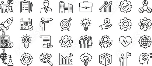 Business strategy line icons set, management startup growth symbols, leadership planning analytics concepts, minimal outline style, cad drawing flat vector illustration