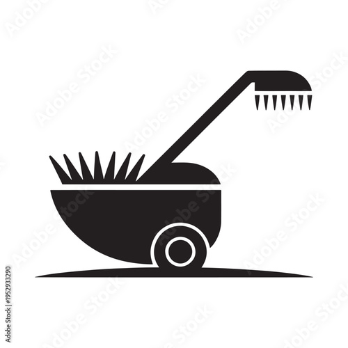 A stylized black and white illustration of a combine harvester