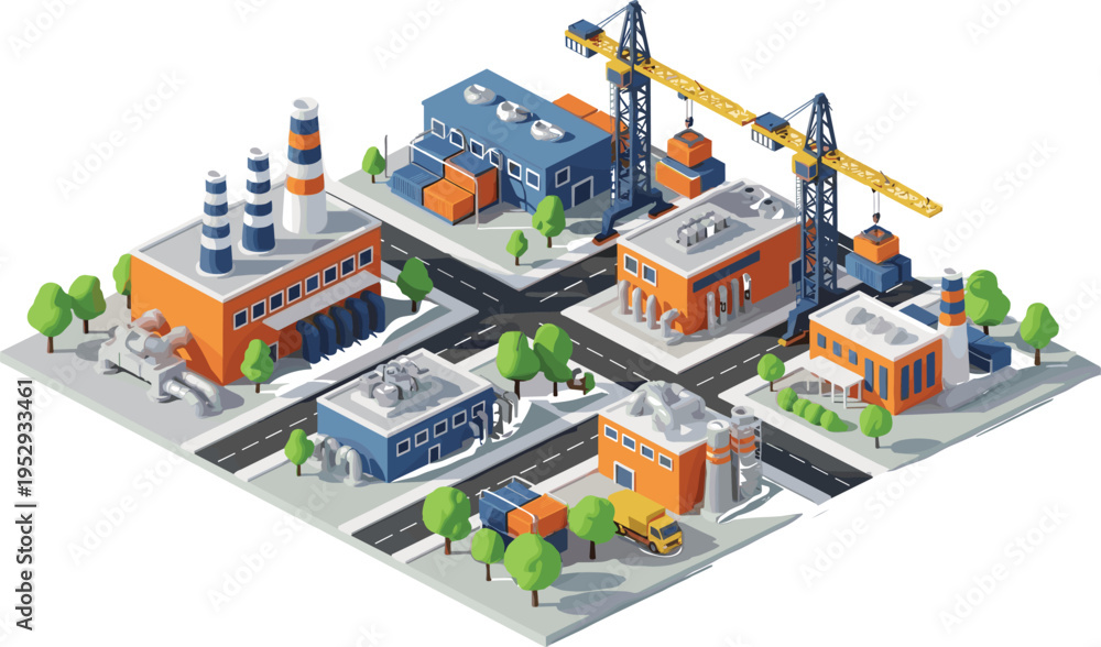 Obraz premium Isometric industrial city factory complex, manufacturing plants with cranes, warehouses and roads, logistics and production infrastructure, urban 
