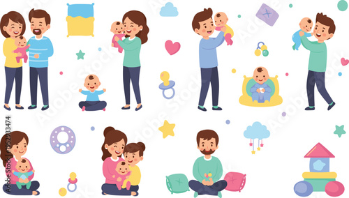Happy Parents with Baby Collection Showing Mother and Father Caring Playing and Bonding with Newborn Infant in Cartoon Vector Illustration Style.