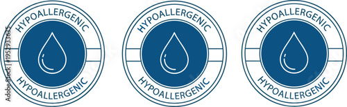 Hypoallergenic Product Badge Icon Set with Water Drop Symbol in Circular Dermatology Seal Design for Skincare Packaging Vector Illustration