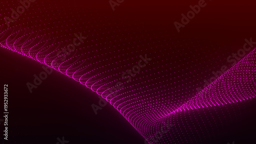 An abstract digital particle wave. Dark background. Bright glowing dots align in wavy arcs, creating an abstract flow of energy. Vector.