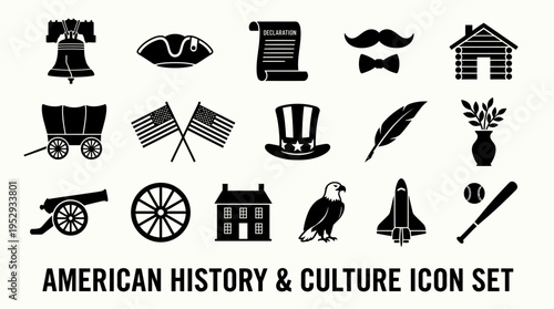Collection of black silhouette icons showing heritage, symbols, and achievements, representing American history, culture, tradition, and national identity.