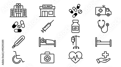 Grid of black medical icons showing hospitals, ambulance, medicine, equipment, and patient care, symbolizing treatment, wellness, and healthcare services.