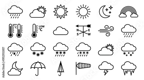 Collection of black weather icons showing sun, clouds, rain, snow, wind, and symbols, representing climate, forecasting, and meteorological awareness.