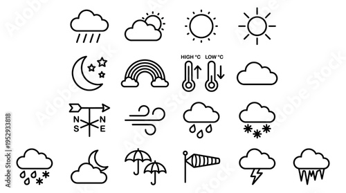 Collection of black weather icons showing sun, clouds, rain, snow, wind, and symbols, representing climate, forecasting, and meteorological awareness.