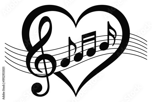 Music notes and treble clef floating on staff lines inside black heart shape silhouette for romantic artistic composition on transparent base