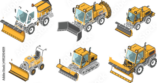 Isometric snow removal vehicles set, bulldozers and snowplows, winter road maintenance equipment, construction machinery, heavy duty transport, cleaning vehicles, vector illustration collection