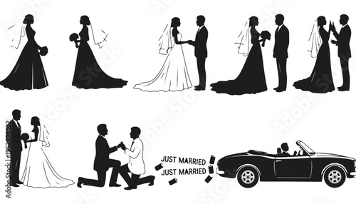 Wedding couple silhouette vector illustration set with romantic scenes