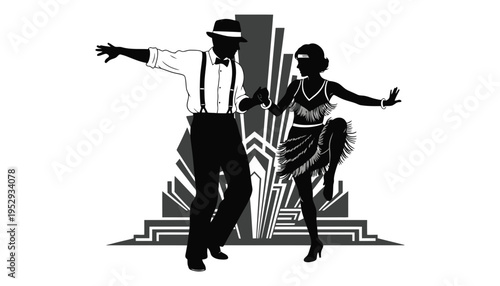 A vintage couple dancing in a black silhouette illustration style